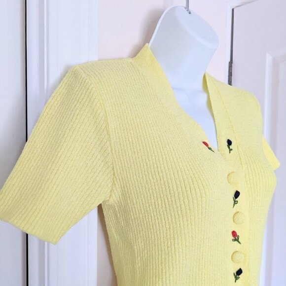 Vintage Y2K Ribbed embroidered yellow shirt top buttons Small XS @F1 - Picture 7 of 8